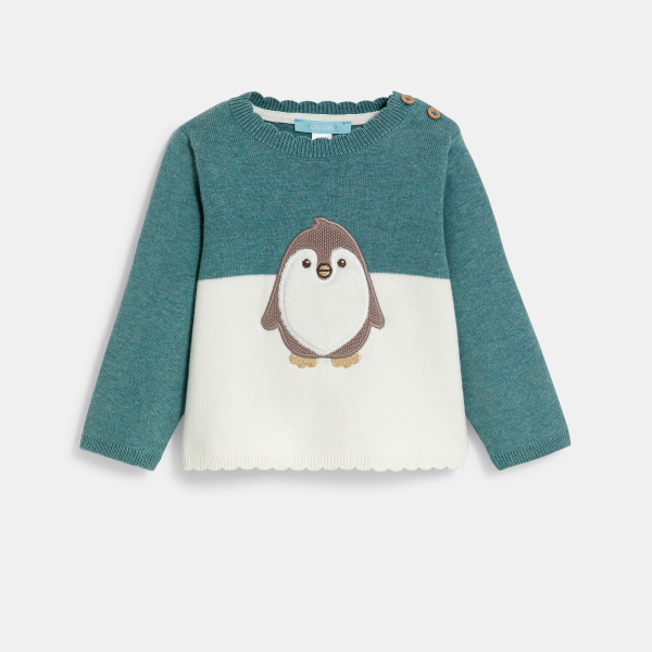 سترة منسوجة بالدرز، مع رسمة بطريق مطرز للفتيات الصغيرات